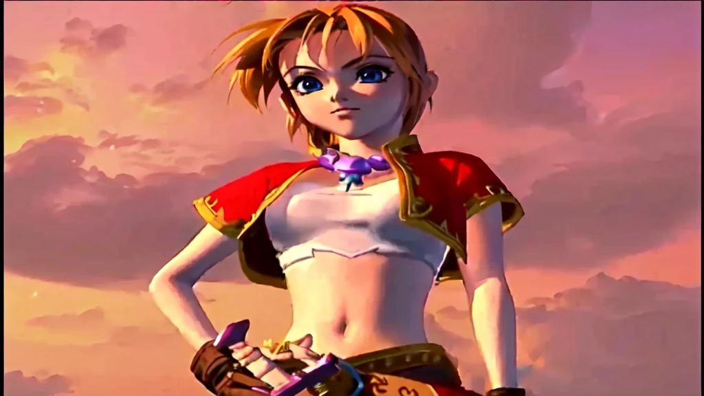 There is a cartoon picture of a woman holding a sword, Natalie in an epic battle fantasy, art style of dark cloud 2, Video Game Characters, Zelda, Female protagonist, Video game cutscenes, JRPG Characters, Ocarina of Time Movie, crono, sky, Final Fantasy Characters, Majora Mask, From Kingdom Hearts, Final Fantasy X, CGI Cutscene