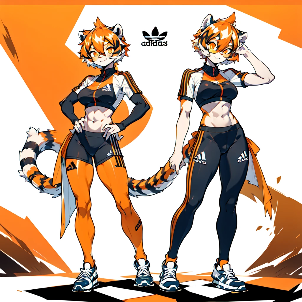 white background, full body, ((furry female:1.2)), Standing, animal ears, white hair, black hair, short hair, large breasts, muscle, tail, orange eyes, orange hair, multicolored hair, tiger girl, hair between eyes, tiger_ears, tiger_tail, orange-tinted_eyewear, tinted_eyewear, big breasts, evil smile, Shadows under feet, Abdominal muscles, (((Adidas outfit:1.2))),jk
