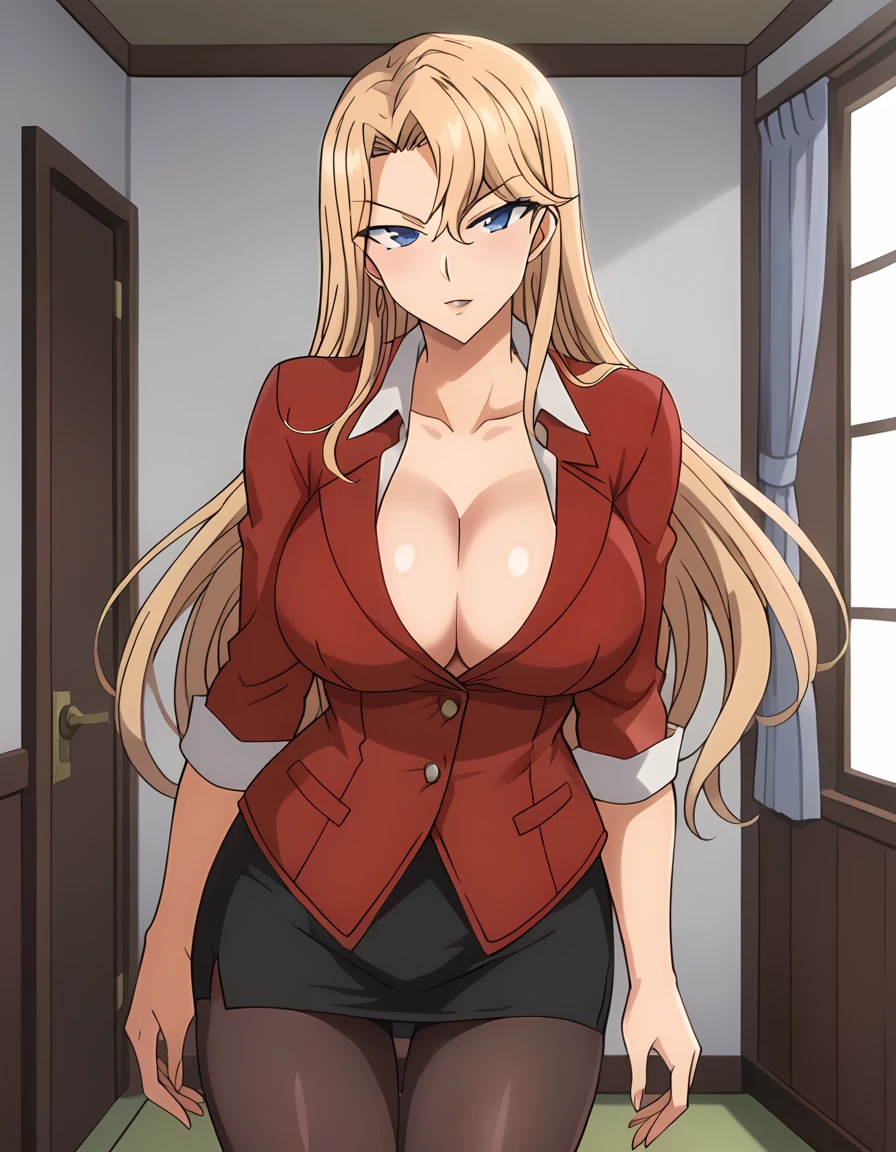 score_9, score_7_up, source_anime, anime screencap, BREAK 1female, ReikaKurashiki, blonde hair, long hair, blue eyes, (large breasts:1.3), long torso, red jacket, (collared shirt:1.1), collarbonea, (cleavage:0.7), red pencil skirt, pantyhose, sleeve cuffs, BREAK indoor, house, cowboy shot,