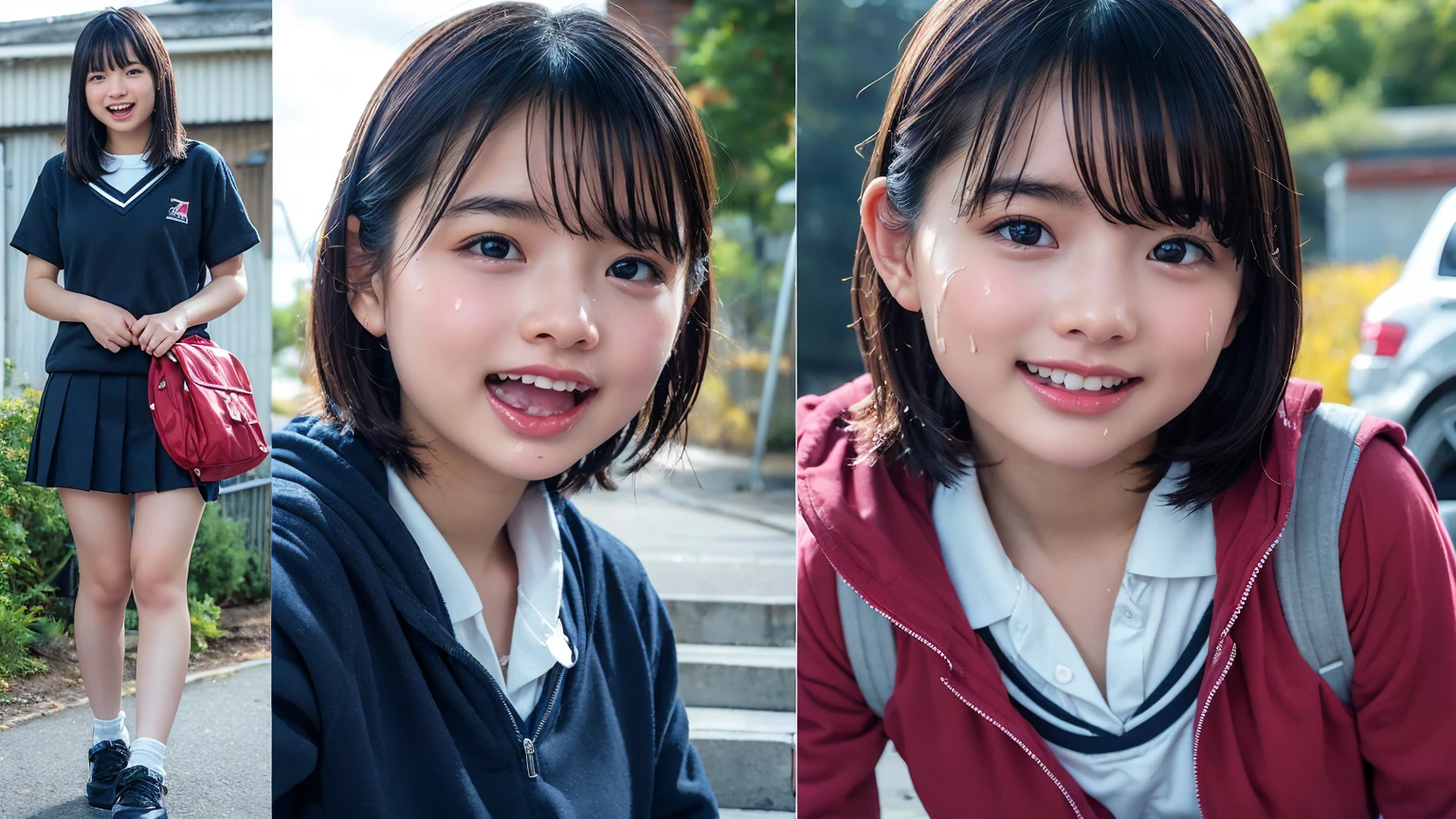 (２Split Photo:1.3)、Magazine Cover:1.3、Japanese,10 years old,Innocent face,Teenage Girl,cute,Primary school students,Private elementary school,uniform,Carrying a small red backpack,Summer clothes,Sitting、front、Cute smile、Laugh with your mouth wide open、((Semen dripping from the mouth:1.2))、Mouth full of semen:1.5、A lot of semen on the tongue、((Cloudy, thick semen))、whole body、Full Body、Semen dripping from the genitals、You can see the nipples、Not wearing a bra