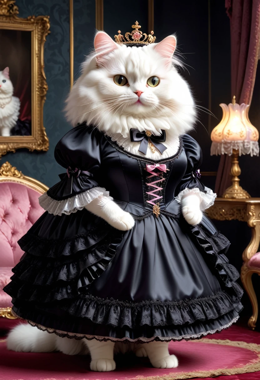 photorealistic portrait of Dressed animals-a ((fat)) ((angora cat)) princess,(furry), (elegant pose:1.5), (hands on hips:1.5),(smile:1.5),high quality,(),(lovely) ,intricate details, Wearing Gothic & ta dress , ( brim), highly detailed ((dress with frills and ribbon)) ,highly detailed accessories, high sox , (happy), soft lighting,(full body image:2.0),in Rococo style room background,,score_9, score_8_up, score_7_up, score_6_up, score_5_up, score_4_up,