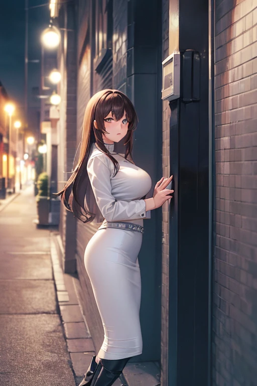 ((masterpiece, best quality, ultra-detailed)), 1girl, beautiful woman looking at viewer, white leather jacket, black maxi pencil skirt, long black pencil skirt, leather boots, wearing necklace, full body, brown hair, city, night, alleyway, lights