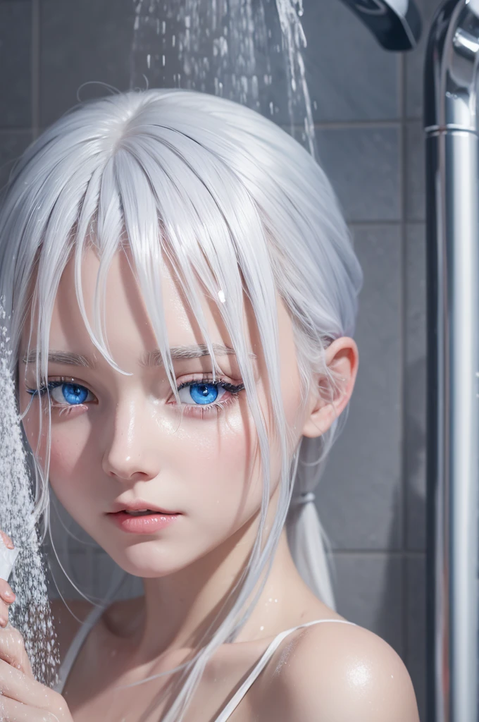 Realistic white hair and blue eyes girl taking a shower