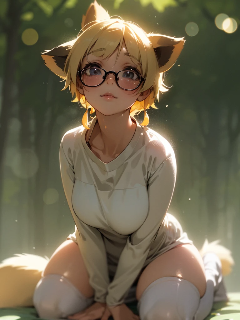 (Sumilux f1.4 75mm , low Latitude old color negative film , cross process , bokeh, flare, chromatic aberration , soft focus, (Shallow focus) , soft glow , Maximum aperture, High Key , Transparent depiction) , anime female raccoon dog , kawaii butter face , two apart melons , dripping lotion from the Thick-rimmed glasses , in the foggy forest , (clothed erotica) , Kneeling , (looking up to the sky) , doggy style , A sloppy look , two Melons is about to spill out
