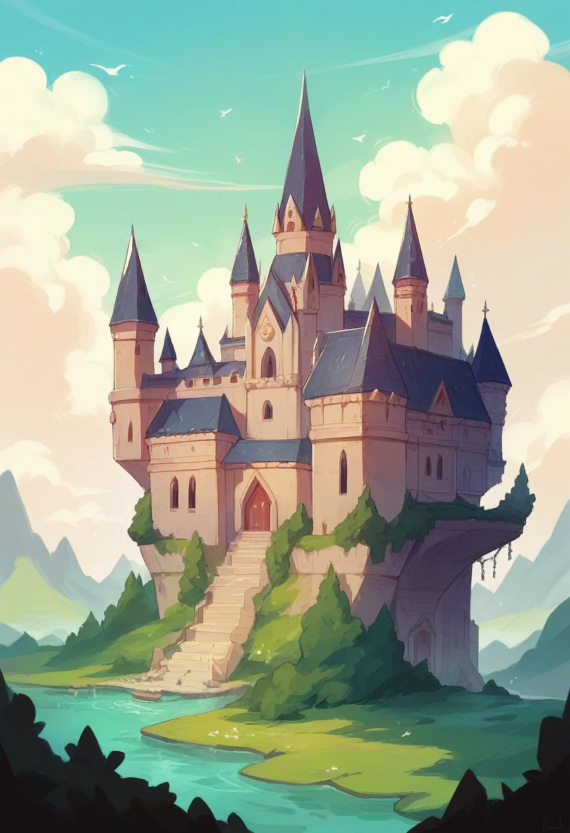 Castle with 3 triangle-shaped towers and built at the convergence of 2 rivers 