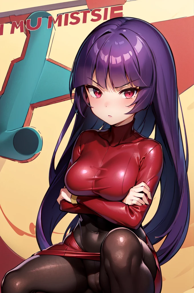 (masterpiece, best quality:1.2), 1girl, solo, sabrina, pokemon, long hair, purple hair, blunt bangs, red eyes, red sweater dress,(white gloves:1.2), black sash, (black leggings:1.1), (bodysuit:1.1), pantyhose, large breasts, knee boots,panties under pantyhose, glaring,crossed arms,crouching down