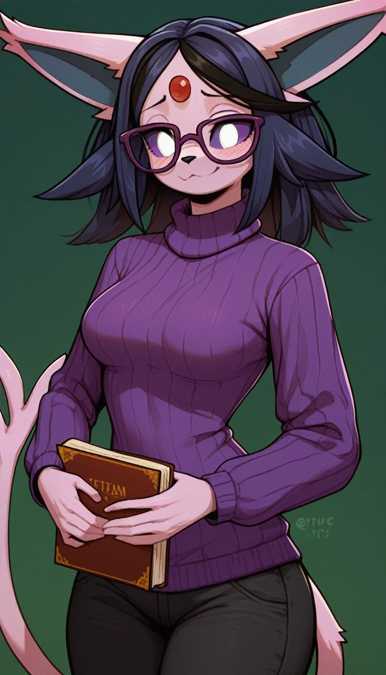 Excited expression, 1girl, anthro, furry, fur, fluffy fur, espeon girl, purple hair (black highlights), purple sclera, white eyes, pony tail hair, straight hair, (19 years), medium breast, thicc thighs, solo, (green background), detailed, smug smile, purple glasses, purple turtle neck sweater, baggy pants (black pants), holding books, nervous, shy, looking at the viewer, score_9, score_8_up, score_7_up, score_6_up, score_5_up, score_4_up