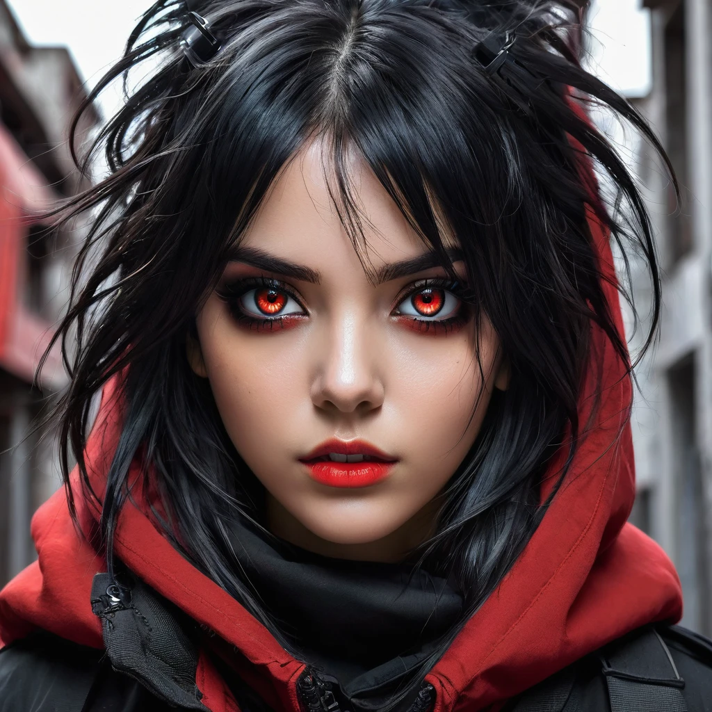 Eyes red, evil, messy black hair, highy detailed, perfects eyes, color magic, techwear urbano, doradas, Ablaze, long hair