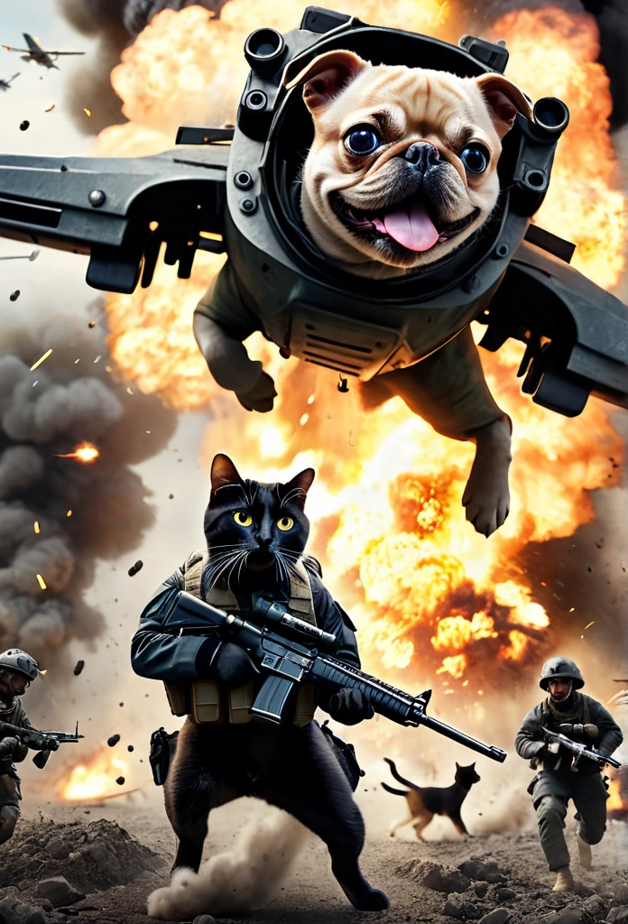 Cinematic, photorealistic, modern battlefield little dogs vs. humans, cats in modern camouflage combat uniform, battlefield combat, guns, shots, fire, smoke, explosion, flying parts, film grain, 8K, UHD, insanely detailed, image Award winning, epic composition, movie poster