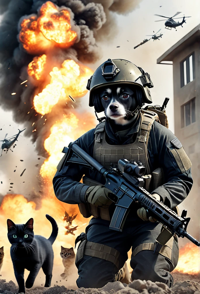 Cinematic, photorealistic, modern battlefield little dogs vs. humans, cats in modern camouflage combat uniform, battlefield combat, guns, shots, fire, smoke, explosion, flying parts, film grain, 8K, UHD, insanely detailed, image Award winning, epic composition, movie poster