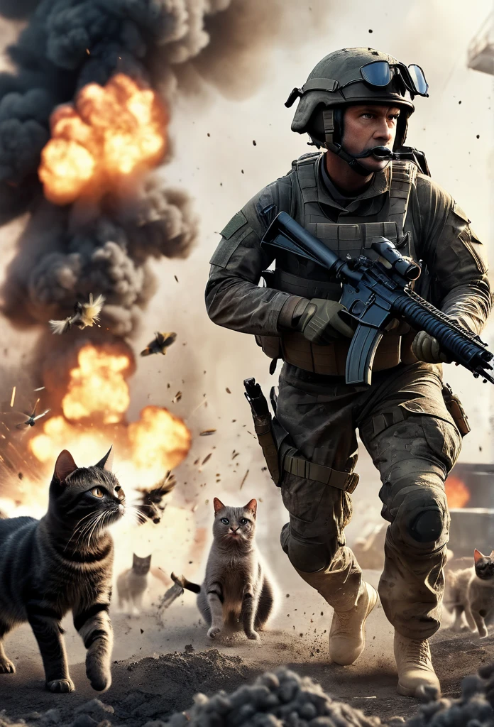 Cinematic, photorealistic, modern battlefield little dogs vs. humans, cats in modern camouflage combat uniform, battlefield combat, guns, shots, fire, smoke, explosion, flying parts, film grain, 8K, UHD, insanely detailed, image Award winning, epic composition, movie poster
