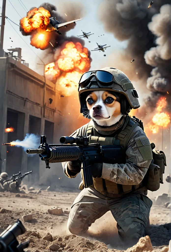 Cinematic, photorealistic, modern battlefield little dogs vs. humans, cats in modern camouflage combat uniform, battlefield combat, guns, shots, fire, smoke, explosion, flying parts, film grain, 8K, UHD, insanely detailed, image Award winning, epic composition, movie poster