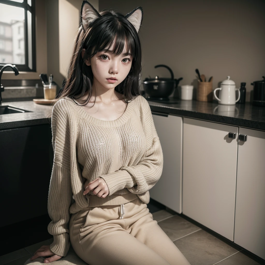((best qualityer)), ((work of art)), (detailded),cute japanese,((1girl)),alone,18 years old, ((porcelain cut white skin)),((black eyes)),(black long wavy hair,with bangs),((flushed skin)),,(Alone), (a detailed full-body RAW photo of a girl), (Artwork: 1), (best quality: 1.4), (Ultra high resolution: 1.2), (photorealistic: 1.4), 8k resolution, Canon EOS R5, 50mm, Absurd, ultra detailed, sharp focus, cinematic lighting, Detailed Beautiful Face,wearing a beige sweater, sweatpants,red cap with black cat ears,sitting in the kitchen drinking hot chocolate,little light in the kitchen, rainy day,night