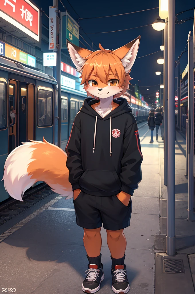 Furry,boy,8k resolution,high resolution,Fox, Street style clothing,hoodie,I am at the station platform.,Japanese-style station,Shinjuku Station