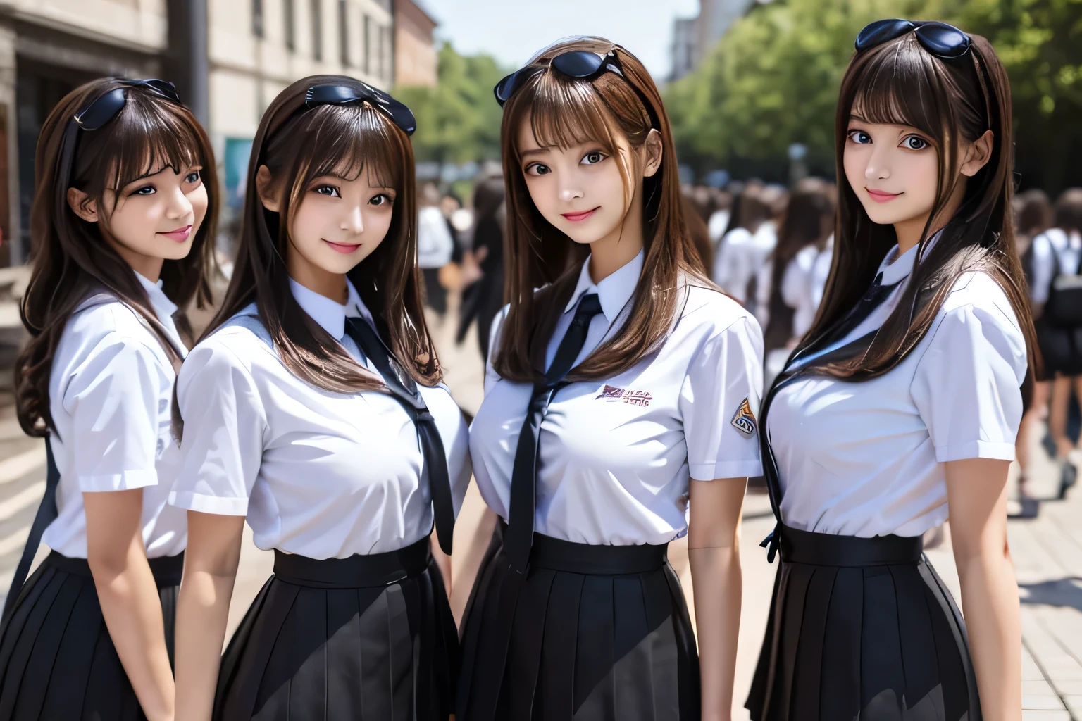 Highest quality, masterpiece, Idol Group、((Layered Haircut)),（8k，Highest quality），Full Body Shot，Shot from medium distances，School Classroom，student，class，class，White open-collar shirt、Wear a JK skirt，Full body photo、 adorable， smile， length, Brown Hair， 32k, Best image quality，Ultra-high resolution，Perfect hands，Black choker、blue eyes、bangs、Very profuse and very long eyelashes、uniform, University campus、Summer clothes、((Big Breasts))、Short Bob Hair、Headband