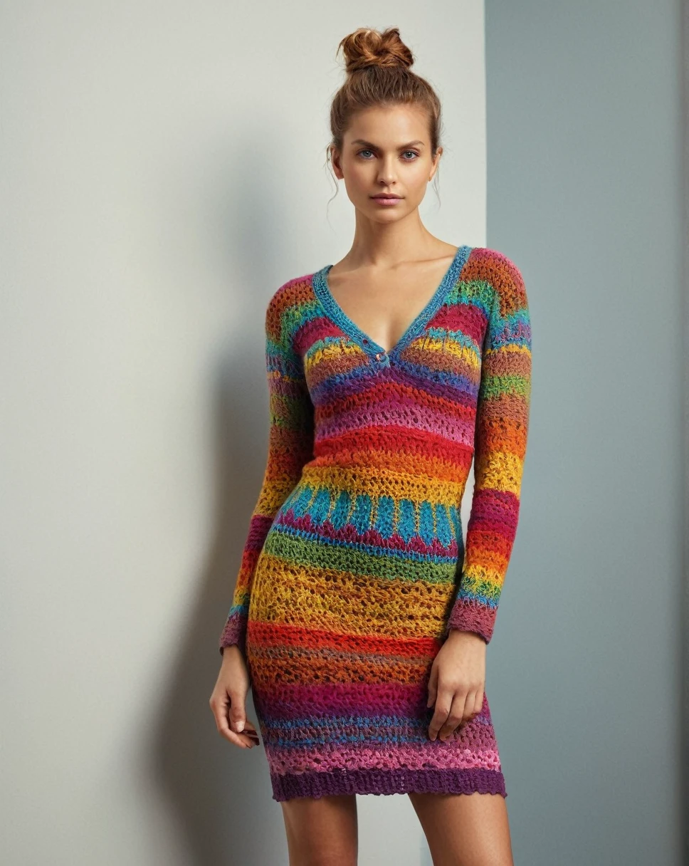 high quality ultra-realistic portrait photo of an American woman , she's in unpainted EMPTY SPACE, the woman is modeling an exceptional form fitted (vibrant knitted dress),exceptional lush detail, interior EMPTY LIMINAL SPACE surroundings, she's, wearing incredible fitted KNITTED body suit dress, colorful circles crochet, bare shaved legs, image ultra, extraordinarily micro-realistic quality photo of a crochet woman , exceptional lush detail of woman pupils, ((glance to camera)), soft lights, no makeup beauty, her hair behind her ears, short hair, she's wearing (knitted wrap colorful skirt), MESMERIZING facial detail, shapely, high quality , taken interiors empty, in a (liminal:1.3), ((high contrast:1.2)), LIMINAL SPACE (professional woman), ((taken using Leica camera, aperture: f/2.3)) , hyper-realistic skin, pores, (she has brushed hair, long), healthy sun-kissed skin, blushing, blush cheeks, a (perfect fit dress knitted:1.1),, relaxed, natural light glow, radiant skin , perfectly framed face, (perfect image, incredible eyes:1.1), raw photo, beautiful composition, golden ratio, playful , inspiring, (highest quality fabric texture), every detail,Fine facial features – (Highest Quality) ,film, High qualitydetails ultra detailed(Ultra-fine ), Photorealistic , high resolution),relaxed artistic photos(lustrous red hair:1.3), (soft feminine body), body, slim waist, (ultra fine body hair), intricately detailed eyes, mouth closed, 18 years old, natural lighting, narrow hips, slim body, fit body, natural breasts, (detailed hands), real skin, textured skin, intricately detailed eyes, high contrast, (subsurface scattering:0.9), (depth of field:1.2)