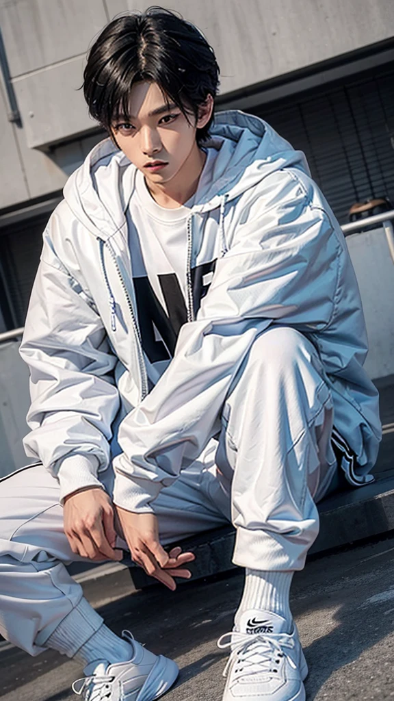 1 Korean young men,male,20 years old,High,Height is 180 cm,Hair is medium length,White coat,black sweatpants,Nike shoes,White sport socks,Sit on the basketball court,legs open,Badass anime 4k ,POV perspective,Proud,Cold,looking into camera