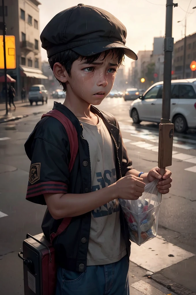 a poor boy crying in the street as people pass by him and the rain falls, lots of tears, old clothes and trash on the street