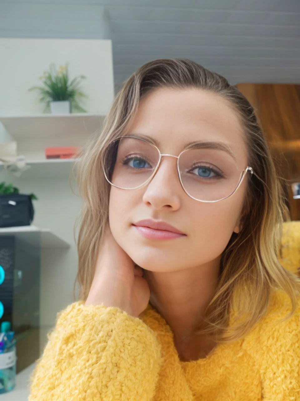 beautiful European blond model, wearing business suit and skirt, sitting in a luxury office, tall windows, deep blue eyes, sexy pose, long wind blown white balayage hair