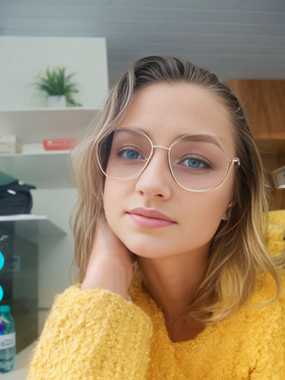 beautiful European blond model, wearing business suit and skirt, sitting in a luxury office, tall windows, deep blue eyes, sexy pose, long wind blown white balayage hair