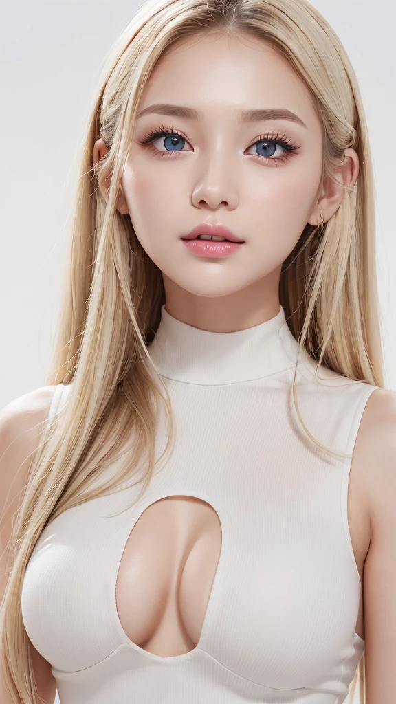 (((White background、rim light、lighting forward、High neck sleeveless、forehead、White Blonde、Blonde、White Background、whole body、Up to the waist、Upper body close-up)))、Northern Europe、Russia、beautiful girl、Platinum Blonde Hair、Straight Long Hair、Big Blue Eyes、Northern Europeの若者、Glowing Skin、Young and beautiful skin、A perfect and beautiful little face、Bright makeup、Pale pink lips、Bright expression、lipstick、Intricate details、High resolution、 Detailed features of face design、Big Breasts、face-friendly lighting