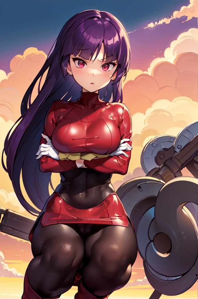 (masterpiece, best quality:1.2), 1girl, solo, sabrina, pokemon, long hair, purple hair, blunt bangs, red eyes, red sweater dress,(white gloves:1.2), black sash, (black leggings:1.1), (bodysuit:1.1), pantyhose, large breasts, knee boots,panties under pantyhose, glaring,crossed arms,crouching down
