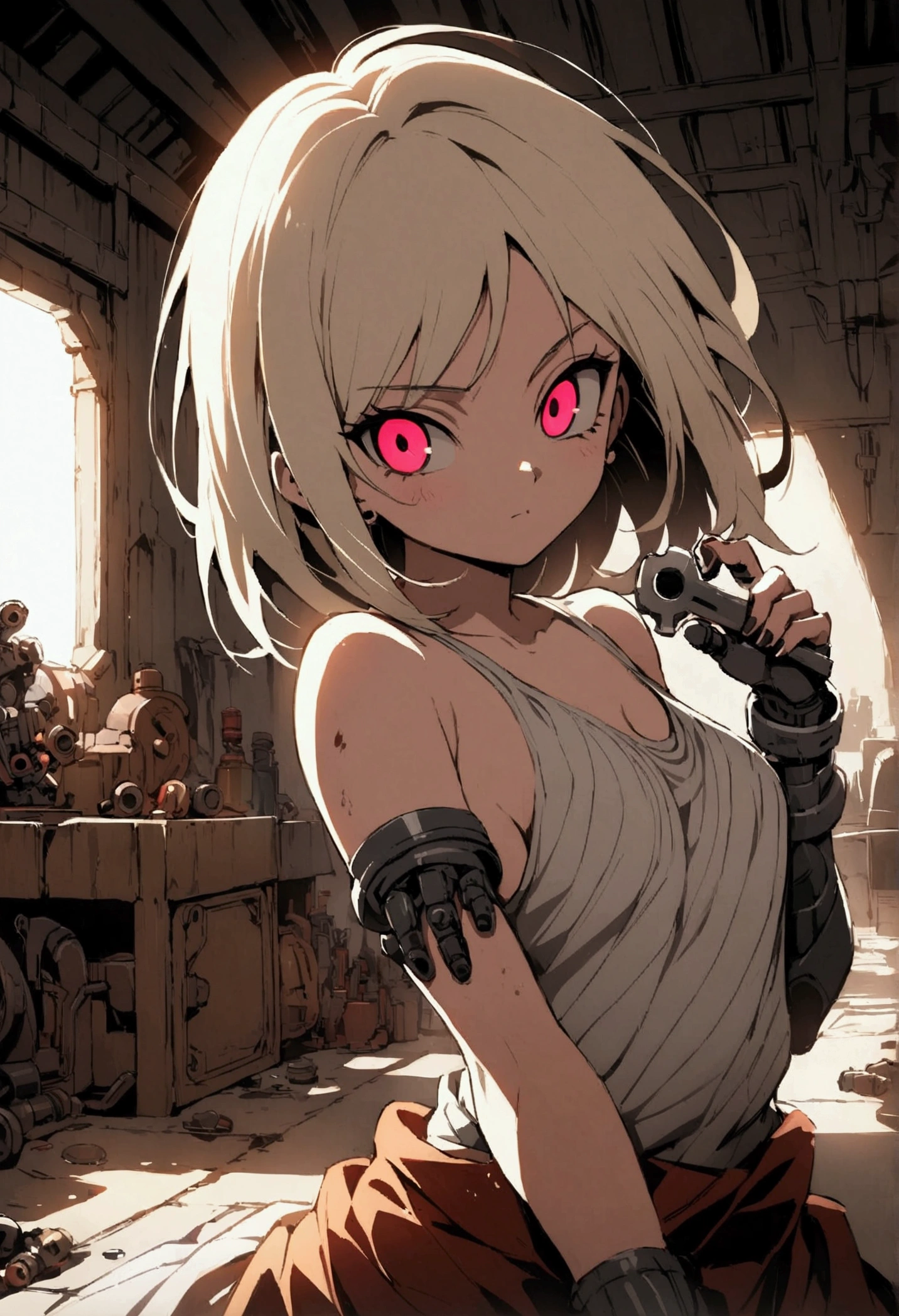 Anime-style illustration, Naruto + android 18 teen girl dbz with blak red oversized clothing, merging as a mechanic with robotic parts interspersed within his human form, dynamic pose wrench in hand, workshop background cluttered with machinery, oil stains, dimly lit with flickering fluorescent lights, high contrast shadows, vivid colors, intricate detailing of mechanical components, digital painting., Mysterious
