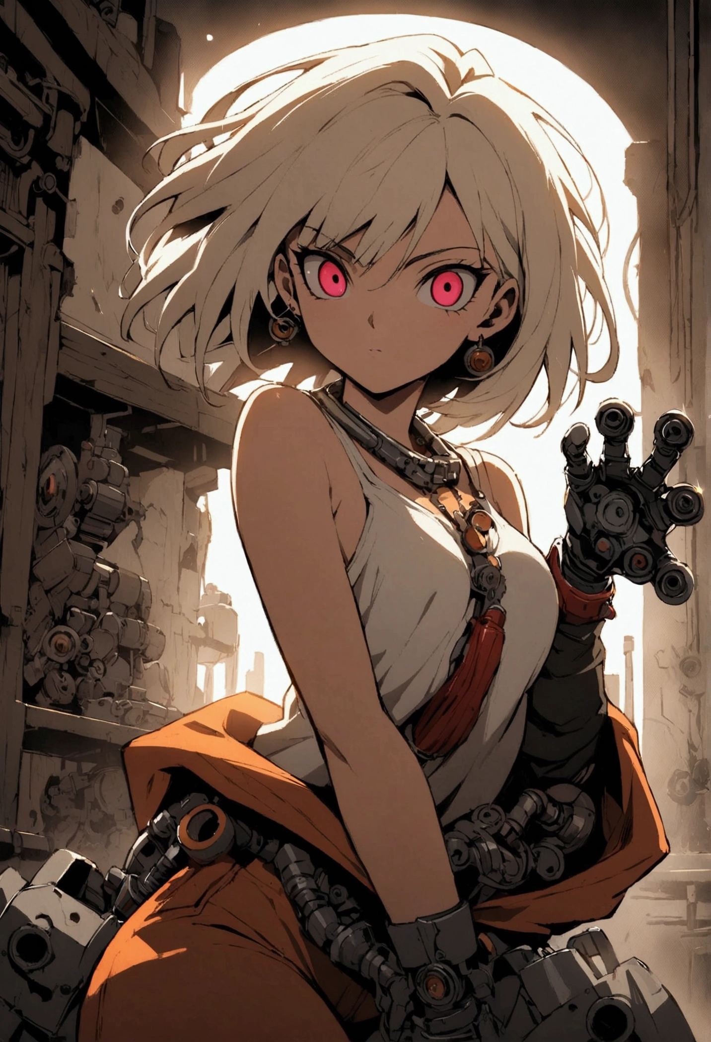 Anime-style illustration, Naruto + android 18 teen girl dbz with blak red oversized clothing, merging as a mechanic with robotic parts interspersed within his human form, dynamic pose wrench in hand, workshop background cluttered with machinery, oil stains, dimly lit with flickering fluorescent lights, high contrast shadows, vivid colors, intricate detailing of mechanical components, digital painting., Mysterious