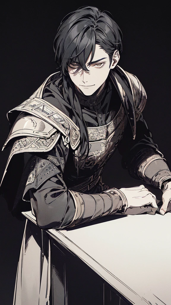 Best quality, (background_detail), high_contrast, detail_original_illustration, warrior, muscular, villain face, armored, full_body, medieval, crease between eyes, young man, man in 20s, dark_stitch_landscape, (dramatic_lighting:1. 25), (shaded_background:1.2), black_hair, (short black hair:) 1.1 ), Large figure, Delicate face, Evil smile, Sharp eyes, Black background, (Black background:1.5), Beautiful line drawing, Black and white