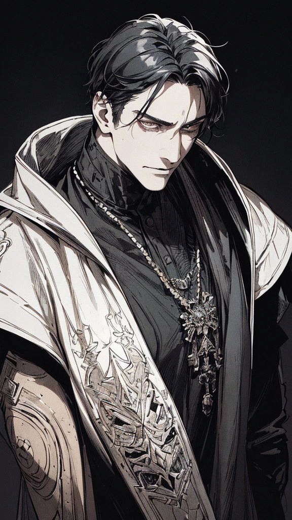 Best quality, (background_detail), high_contrast, detail_original_illustration, warrior, muscular, villain face, armored, full_body, medieval, crease between eyes, young man, man in 20s, dark_stitch_landscape, (dramatic_lighting:1. 25), (shaded_background:1.2), black_hair, (short black hair:) 1.1 ), Large figure, Delicate face, Evil smile, Sharp eyes, Black background, (Black background:1.5), Beautiful line drawing, Black and white