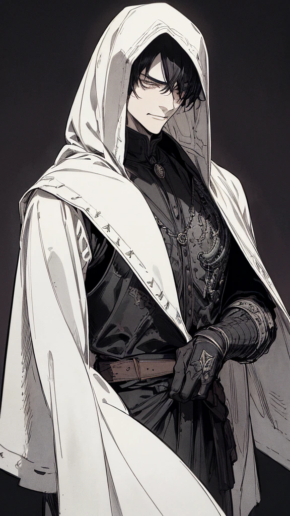 Best quality, (background_detail), high_contrast, detail_original_illustration, warrior, muscular, villain face, armored, full_body, medieval, crease between eyes, young man, man in 20s, dark_stitch_landscape, (dramatic_lighting:1. 25), (shaded_background:1.2), black_hair, (short black hair:) 1.1 ), Large figure, Delicate face, Evil smile, Sharp eyes, Black background, (Black background:1.5), Beautiful line drawing, Black and white