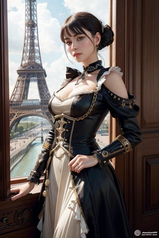 Photo of (( )), wearing chic dress steampunk items, modern day Paris , intricate, chic, highy detailed, digitalpainting, art station, conceptual artwork, Soft, sharp focus, Illu0.8action, arte de artgerm y greg rutkowski y alphonse mucha