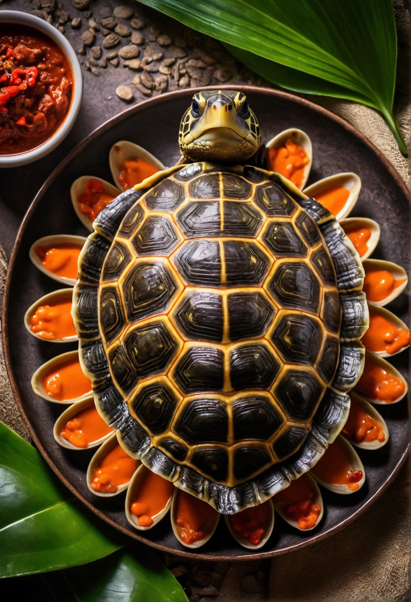 A turtle shell as a jungle dish, its shell open like a plate with jungle chili creams, intricate details, HDR, cinematographic, Adobe Lightroom, Very detailed