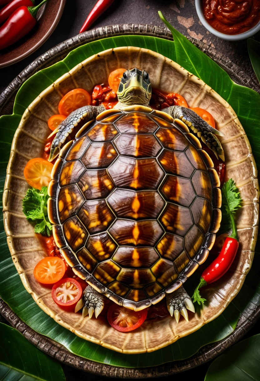 A turtle shell as a jungle dish, its shell open like a plate with jungle chili creams, intricate details, HDR, cinematographic, Adobe Lightroom, Very detailed
