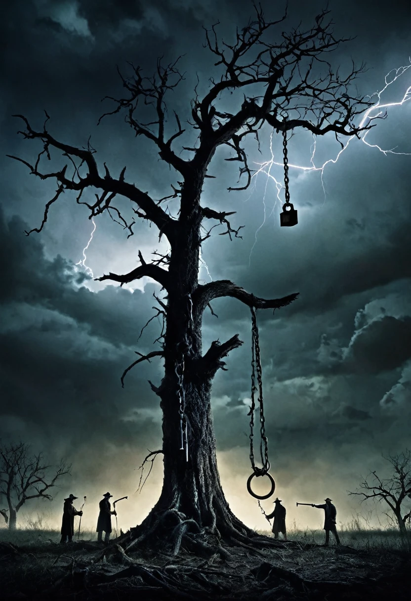  A hauntingly beautiful horror movie poster for "BORN TO HANG." The image features a classic hangman game with a rusty metal hook in the center. Below the hangman dangle the silhouettes of several men, their forms fading away with each lost life. A menacing black glove grips a heavy hammer to the left of the hangman. The background is a dark and stormy night, with lightning illuminating a dead tree in the distance.