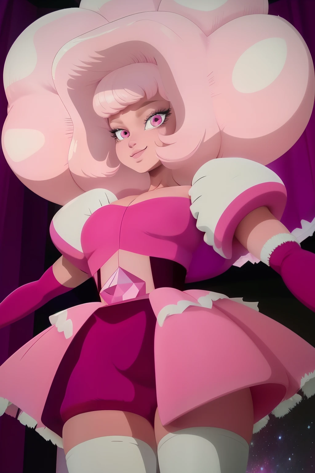 pnkdamond, pink hair, pink eyes,  big hair,  stomach gem,  pink skin,  toned, 
puffy short sleeves, elbow gloves ,  white thighhighs,   puffy dress, 
standing, upper body, 
 outerspace,  
(insanely detailed, beautiful detailed face,beautiful detailed eyes, masterpiece, best quality) cinematic lighting,  smile, 
 