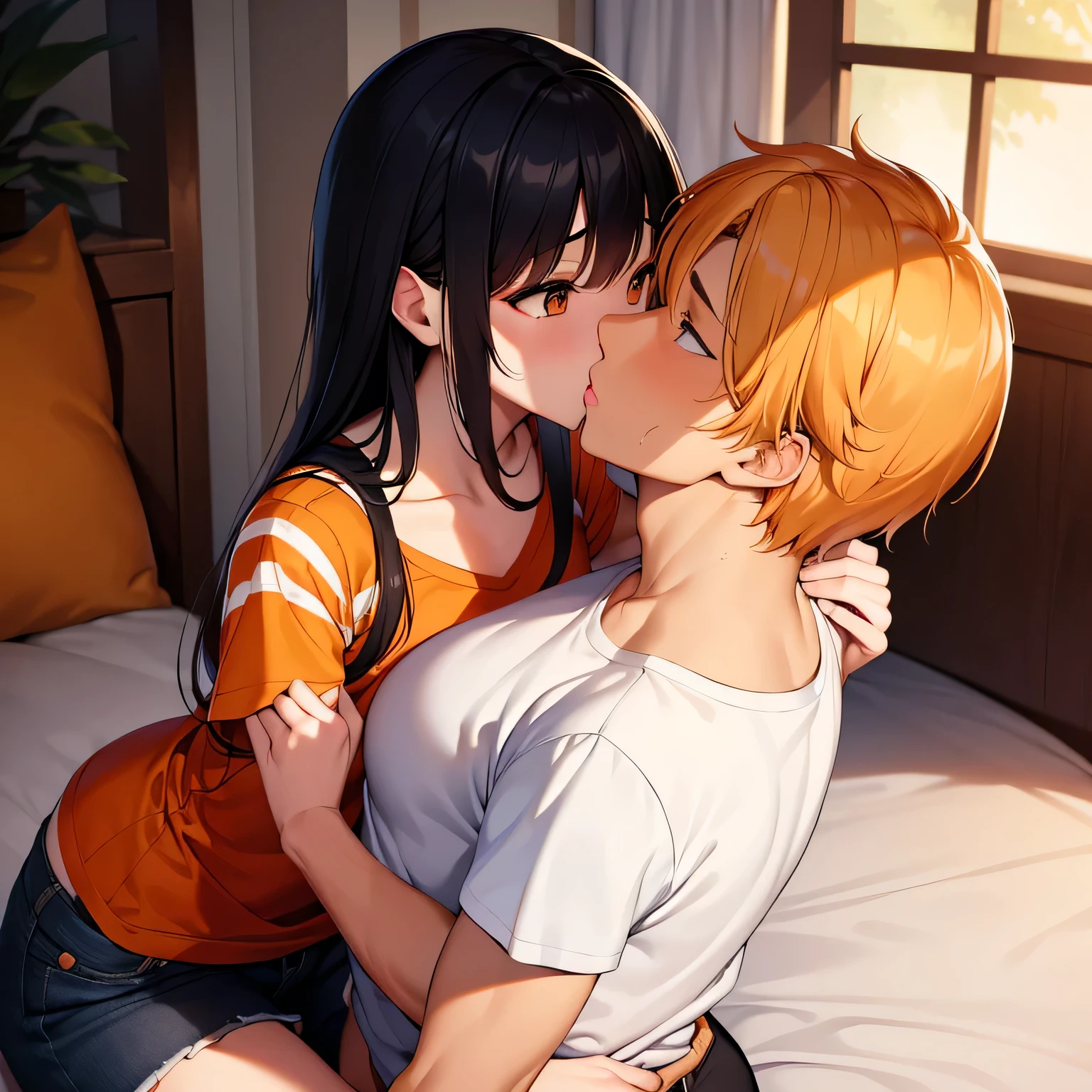 Amazing portrait of a young woman wearing white and orange striped t shirt and orange shorts and young boy wearing a navy blue t shirt and black shorts sitting on a bed together and kissing and making out passionately in a sexy and hot and lustful setting