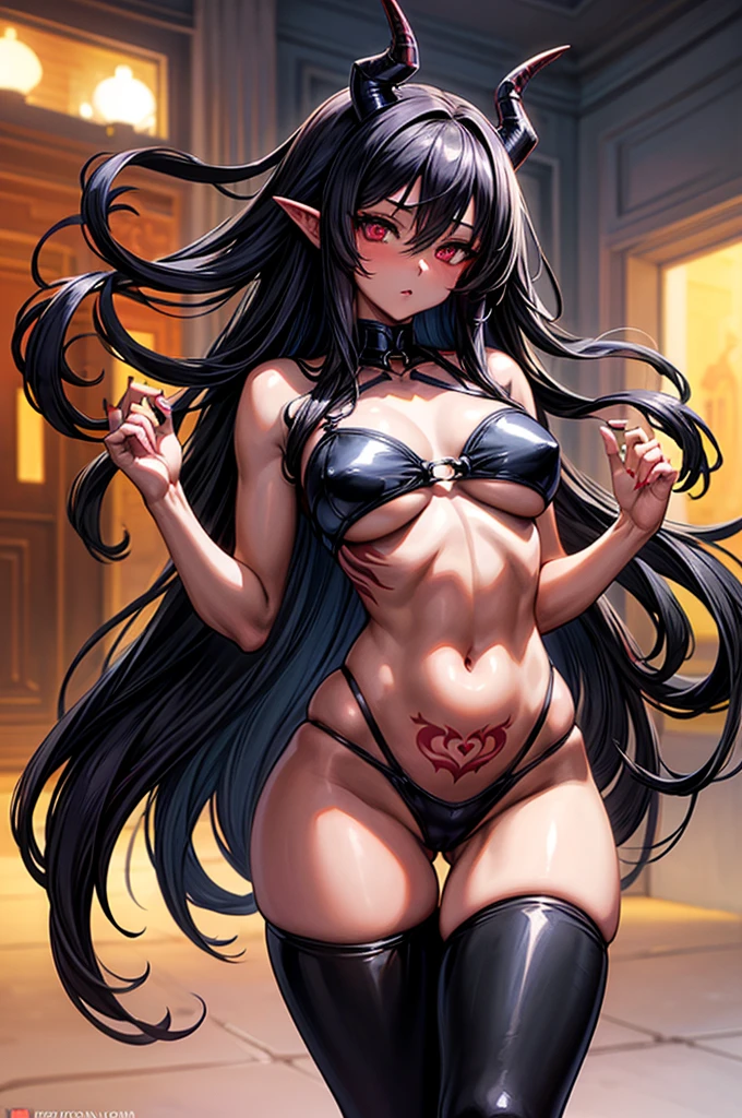 masterpiece, super detailed, high resolution, precision art, highly seductive anime girl. sexy and alluring, flawless red demonic skin, succubus, symmetrical face, beautiful olive eyes, flowing black hair, her very presence oozes seduction and allure, S-shaped body, black onyx colored horns jutting out her forehead, heart shaped tail protruding from her back, sexy and arousing slim body with enticing breasts, intricate and beautiful heart shaped tattoo engraved on her stomach, wearing crop-top and form-fitting leggings that accentuate her round ass, hip-level shot
