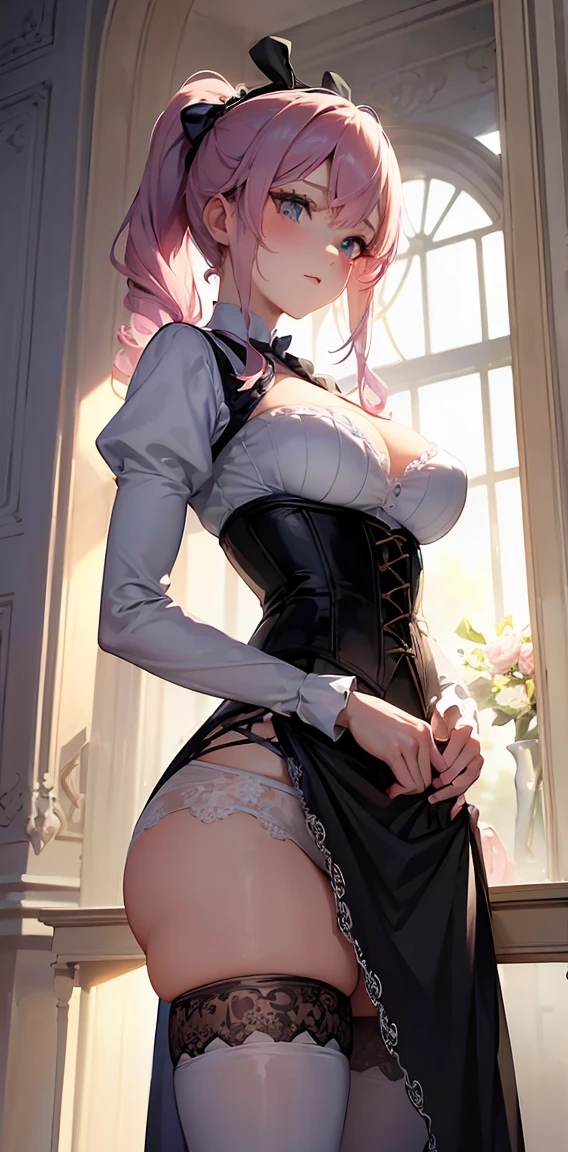 (best quality,4k,8k,highres,masterpiece:1.2),ultra-detailed,realistic,photorealistic:1.37
  bedroom
 eyes glowing 
 hair bun 
 huge breasts 
 leg stockings
 legwear 
 lingerie 
 looking at viewer 
 messy bun 
 milf 
 older female 
 pink eyes 
 slim waist 
 thick thighs  
 thighs 
 topless