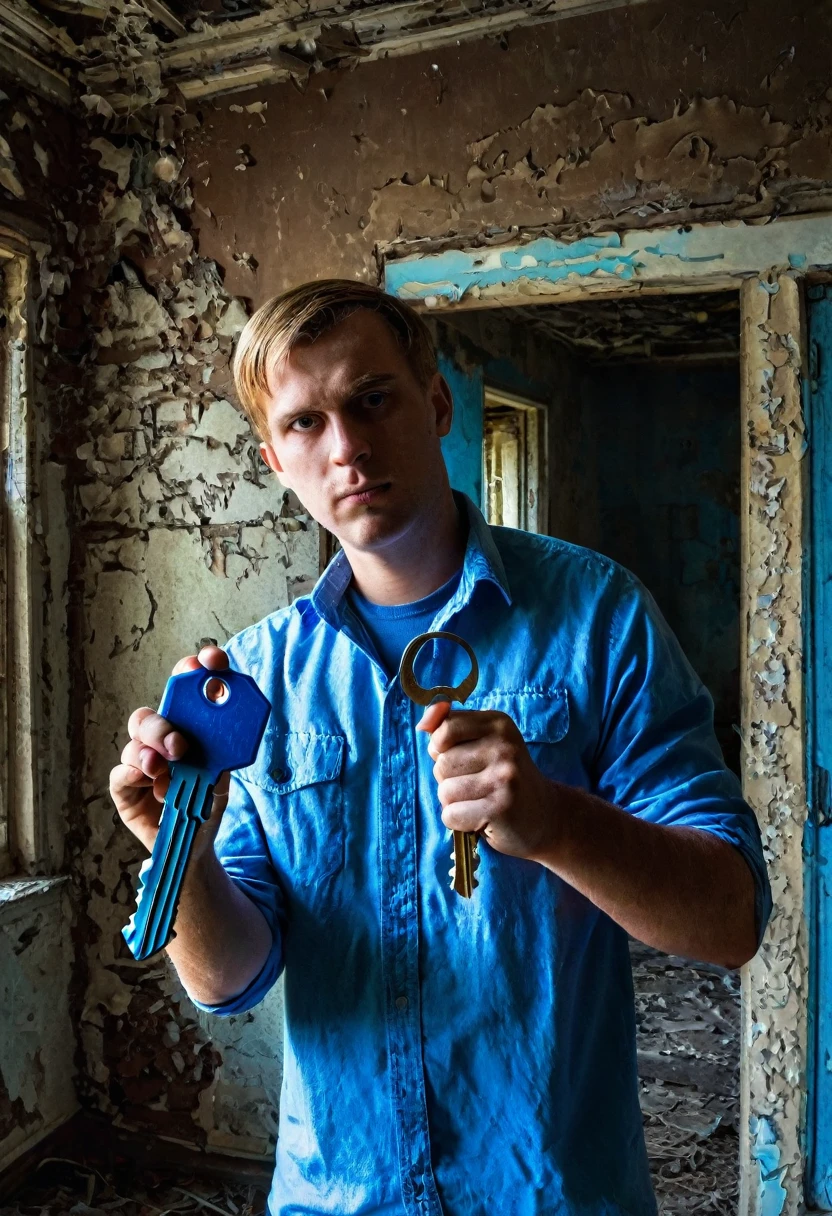 White man holding a blue key, in an abandoned house, ominous background.