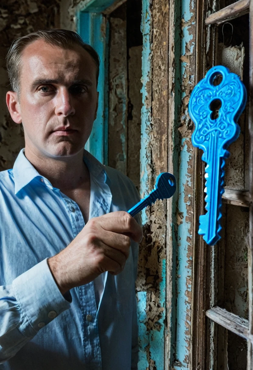 White man holding a blue key, in an abandoned house, ominous background.