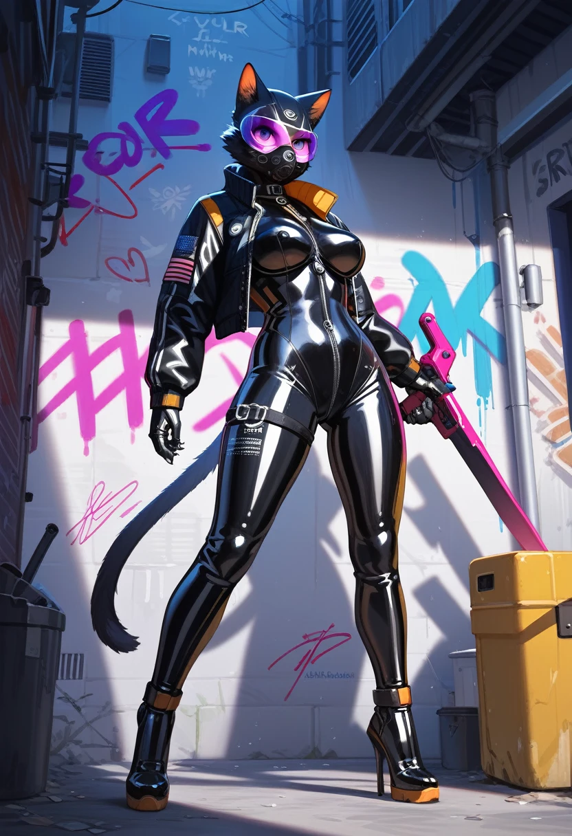 animation, Highest quality, Highest quality, High quality illustrations, masterpiece, Ultra-high resolution, Detailed Background, Alley, night, Graffiti art on the wall, Absurd, Perfect Anatomy, performance, Good lighting, Shadows in the movies(kemono, Furry PersonifiCation), Cat, woman, Black Skin, Rubber suit, latex, neon, neonライト, neonカラー, Bodysuits, Cyber Suit, Mech Suit, Rubber Half Jacket, cyber punk, Blade Runner, Holding a blade, Rubber Mask