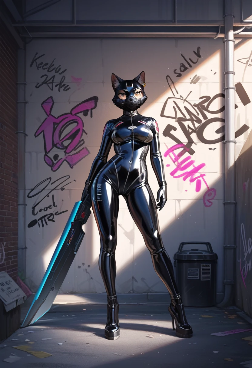 Highest quality, Highest quality, High quality illustrations, masterpiece, Ultra-high resolution, Detailed Background, Cyber City, Absurd, Perfect Anatomy, performance, Good lighting, Shadows in the movies(kemono, Furry PersonifiCation), Furry, Cat, Rubber Suit, neon, neonカラー, cyber punk, Tattoo, High heels, Full Head Mask, The head is covered in rubber, Rubber Head, Harness, Dynamic Angle