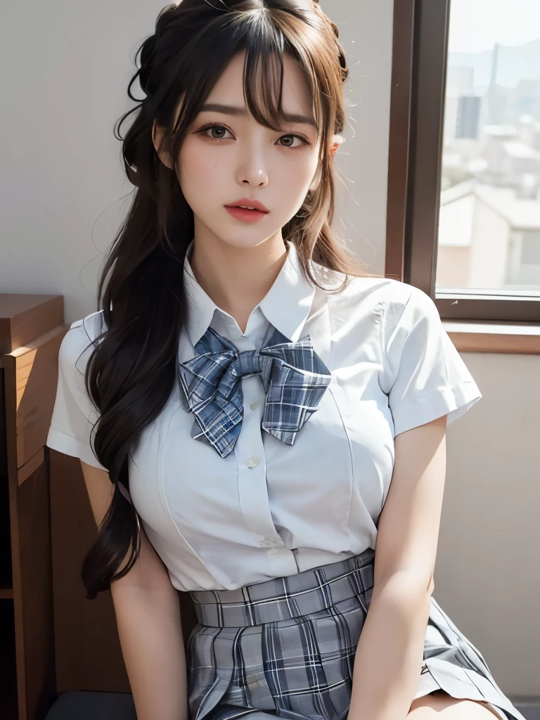 (masterpiece:1.2, Highest quality), (Realistic, photoRealistic:1.4), Beautiful illustrations,
View your viewers, whole body, Front view:0.6,
1 girl, Japanese, high School girl, (Long Hair:1.5), Let your hair flutter, (Half Up, Half Updo), bangs, Hair between the eyes, Large Breasts:0.8,
Beautiful Hair, Beautiful Face, Beautiful attention to detail, Beautiful clavicle, Beautiful body, Beautiful breasts, Beautiful thighs, Beautiful feet, Beautiful fingers,
(Beautiful views), , School,
((Collared short-sleeved shirt, White shirt, , Grey plaid pleated skirt, Blue checked bow tie)), White panties,
(Are standing, , Lift up your skirt, Grab the hem of your skirt, Place your hand on your chest, Place your hands between your legs),
blush, ,