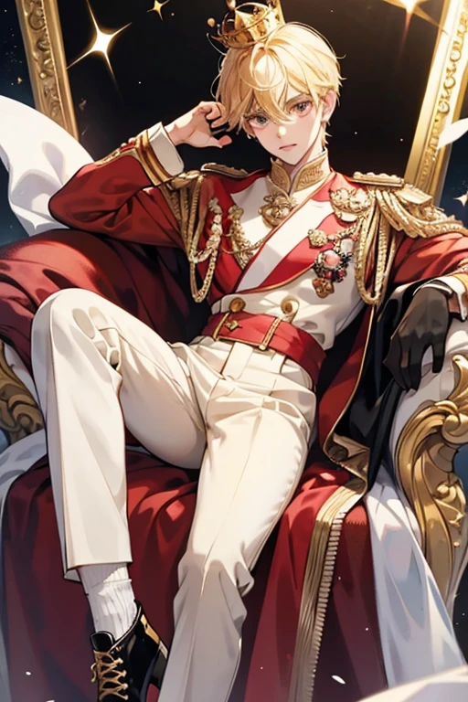 Prince Handsome is a fair-skinned boy with peachy-pink cheeks. His eyes are black while his hair, which frames his face, is blond with spiked bangs. He wears a big gold crown on the top of his head, along with a red long-sleeved jacket with a gold sash across his chest, white pants, white socks, and high black sneaker-boots. SPARKLE; GLITTER