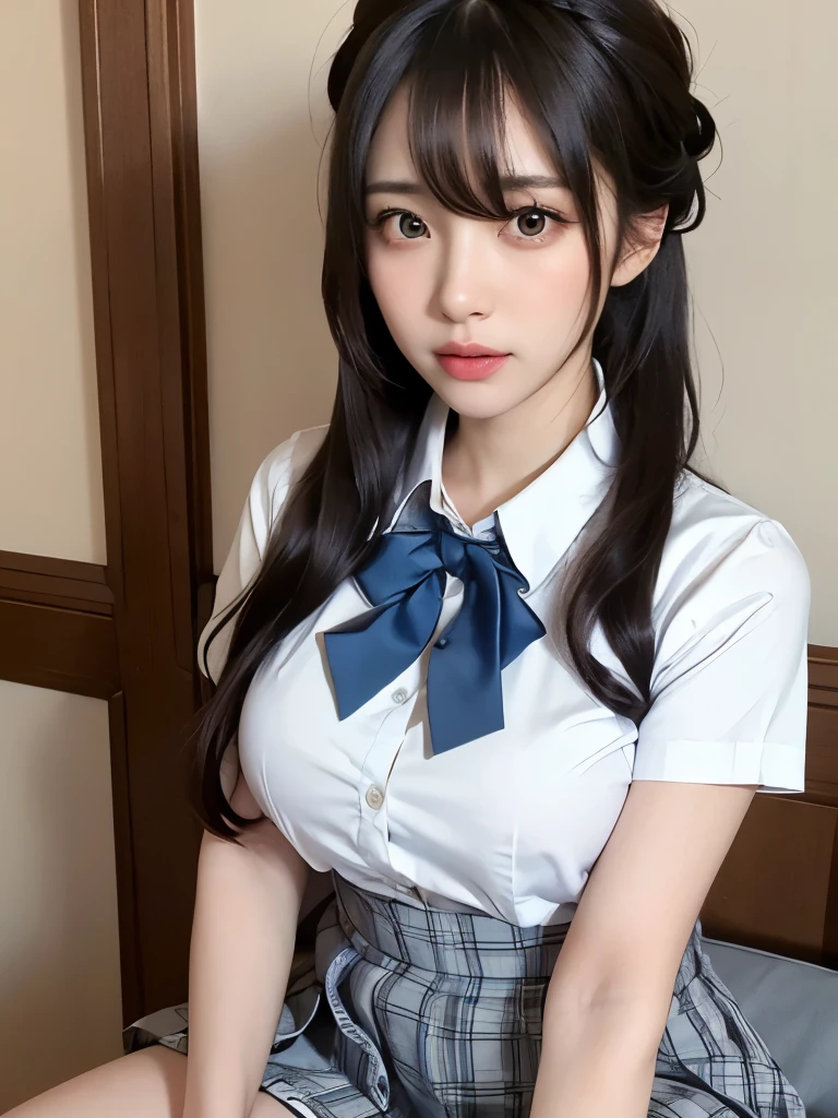 (masterpiece:1.2, Highest quality), (Realistic, photoRealistic:1.4), Beautiful illustrations,
View your viewers, whole body, Front view:0.6,
1 girl, Japanese, high School girl, (Long Hair:1.5), Let your hair flutter, (Half Up, Half Updo), bangs, Hair between the eyes, Large Breasts:0.8,
Beautiful Hair, Beautiful Face, Beautiful attention to detail, Beautiful clavicle, Beautiful body, Beautiful breasts, Beautiful thighs, Beautiful feet, Beautiful fingers,
(Beautiful views), , School,
((Collared short-sleeved shirt, White shirt, , Grey plaid pleated skirt, Blue checked bow tie)), White panties,
(Are standing, , Lift up your skirt, Grab the hem of your skirt, Place your hand on your chest, Place your hands between your legs),
blush, ,