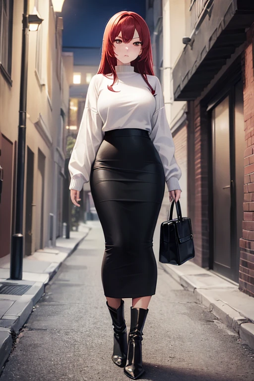 ((masterpiece, best quality, ultra-detailed)), 1girl, beautiful angry woman looking at viewer, white sweater, black maxi pencil skirt, long black pencil skirt, leather boots, full body, red hair, city, night, alleyway, lights