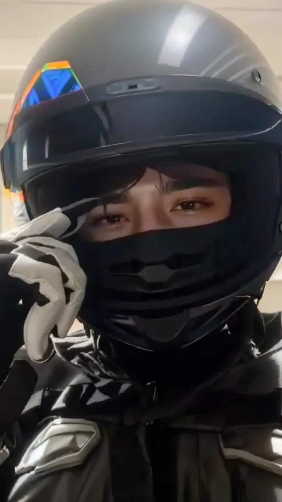 Arafed man with helmet talking on cell phone, dark visor that covers the face, Finn Wolfhard, dark visor that covers the upper part of the face, visor over the face, riding a motorcycle, without helmet, wearing a helmet, dark visor that covers the eyes, xqc, low quality footage, hood covers his eyes, wearing helmet, timothy chalamet, helmet on face