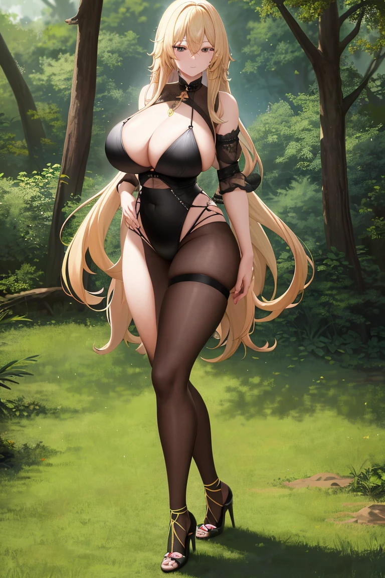 A woman，Long blond hair，Black eyes，in the forest，Wearing a black bikini，cheongsam，Long legs，Nipple protrusion，Twenties，exposed，Black high heels，Super super large breasts，J cup，Huge breasts，超级Huge breasts，Standing