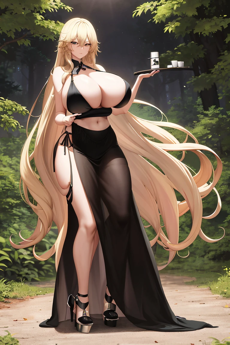 A woman，Long blond hair，Black eyes，in the forest，Wearing a black bikini，cheongsam，Long legs，Nipple protrusion，Twenties，exposed，Black high heels，Super super large breasts，J cup，Huge breasts，超级Huge breasts，Standing